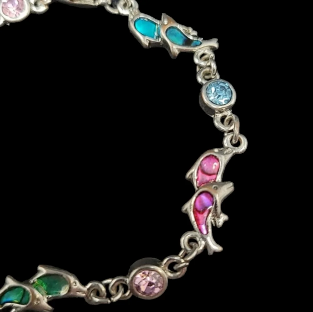 MULTI COLORED IRIDESCENT ENAMEL DOLPHIN LINK SILVER TONE BRACELET
